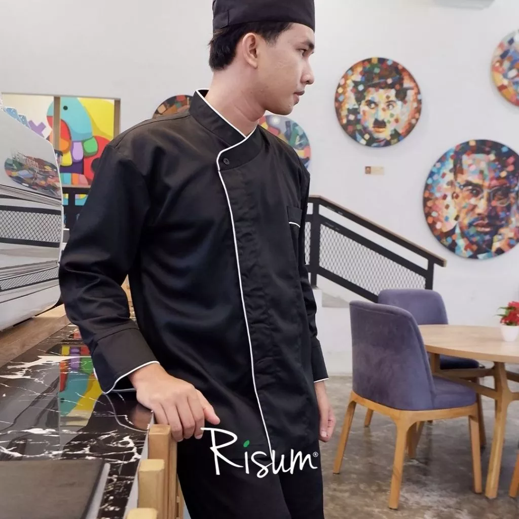 Angsana Chef Coat Chef Jacket Baju Koki Hitam List Putih Lengan Panjang terbaik