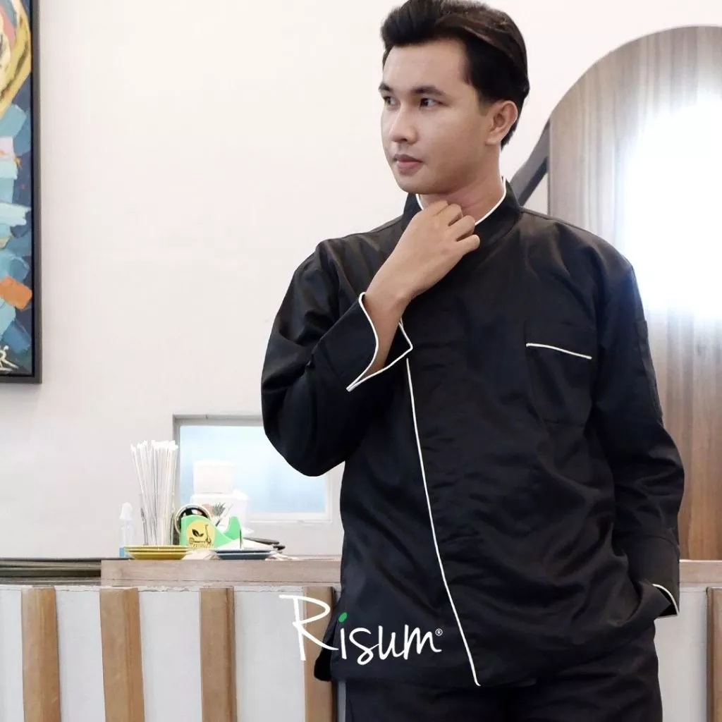 Angsana Chef Coat Chef Jacket Baju Koki Hitam List Putih Lengan Panjang terbaik