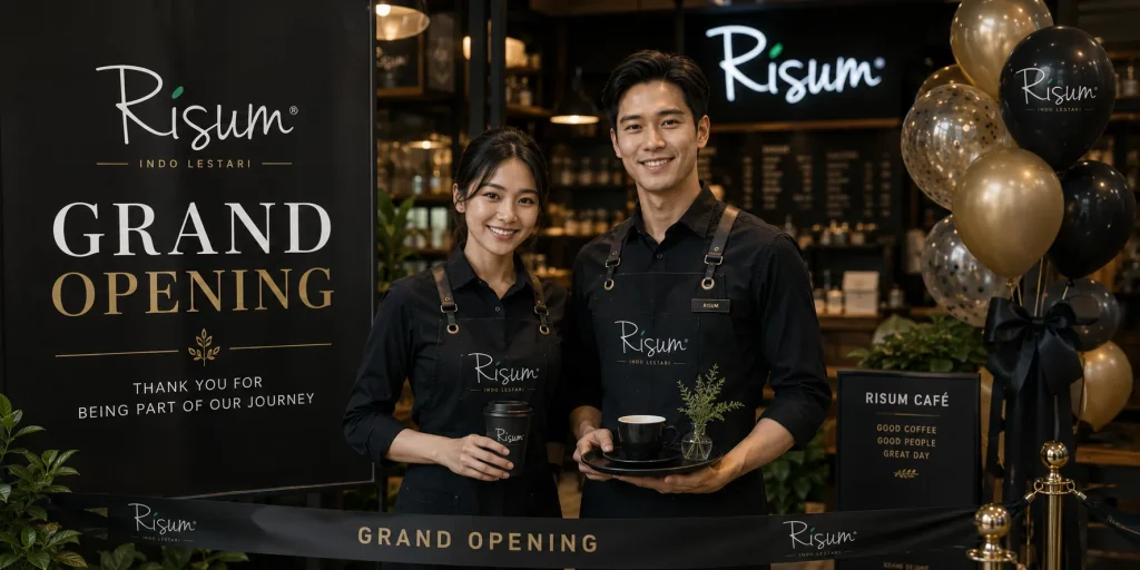 Pemilik café berdiskusi dengan tim mengenai desain uniform sebelum pembukaan.