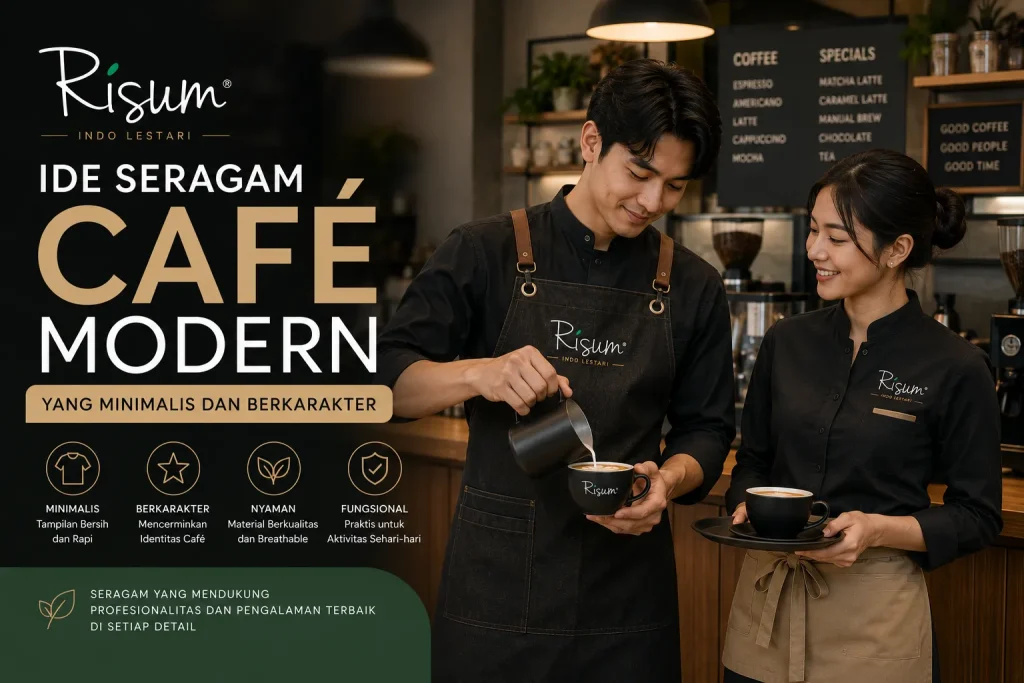 Barista mengenakan apron custom berlogo saat meracik kopi di coffee bar modern.