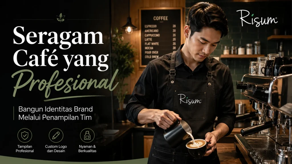 Barista mengenakan apron custom dengan logo café.