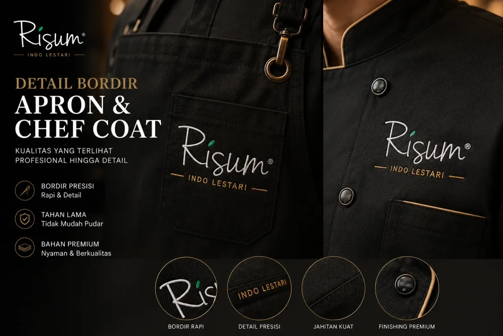 Detail bordir pada apron dan jas chef