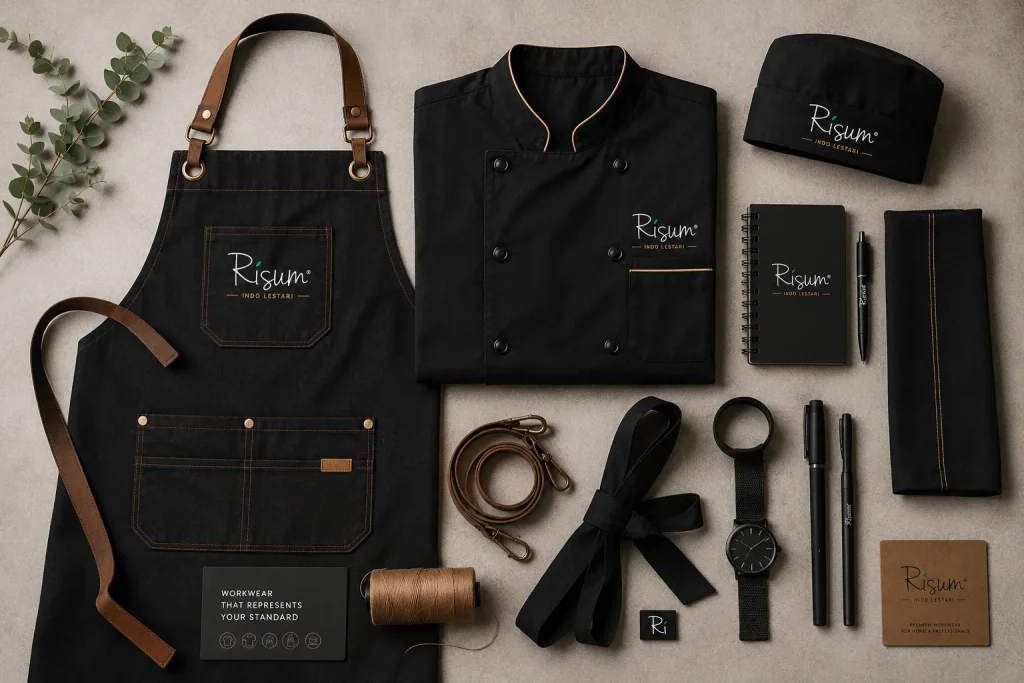 Flat lay kombinasi apron, chef coat, dan aksesori kerja bergaya minimalis
