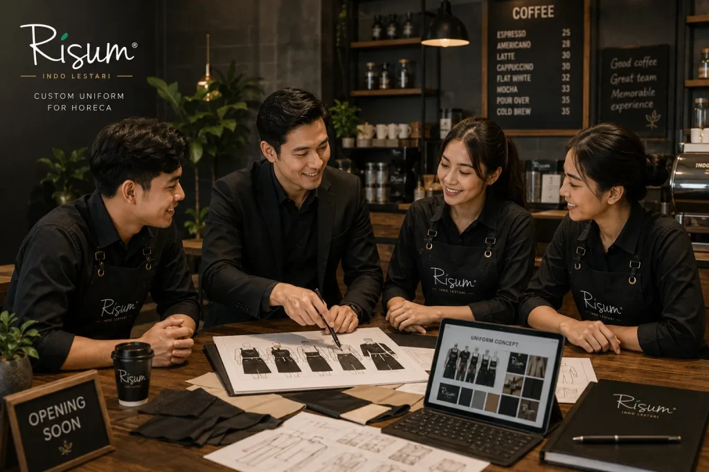 Pemilik café berdiskusi dengan tim mengenai desain uniform sebelum pembukaan.