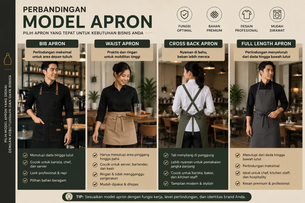 Perbandingan beberapa model apron (bib apron, waist apron, cross back apron, full length apron)