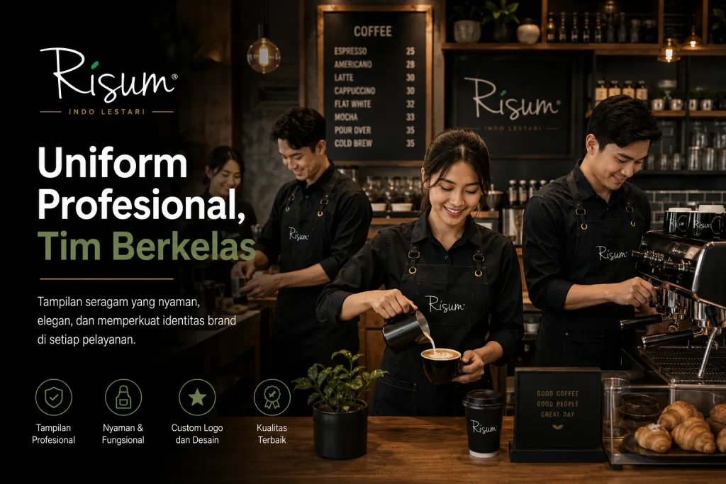 Suasana coffee shop modern dengan tim menggunakan uniform profesional.