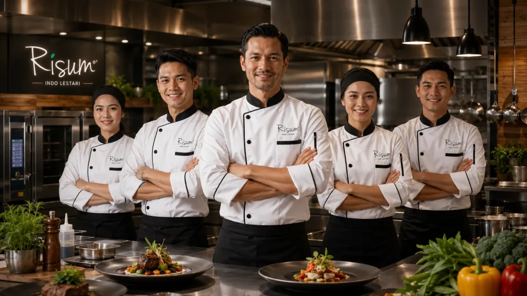 Tim kitchen menggunakan chef coat dengan desain yang seragam.